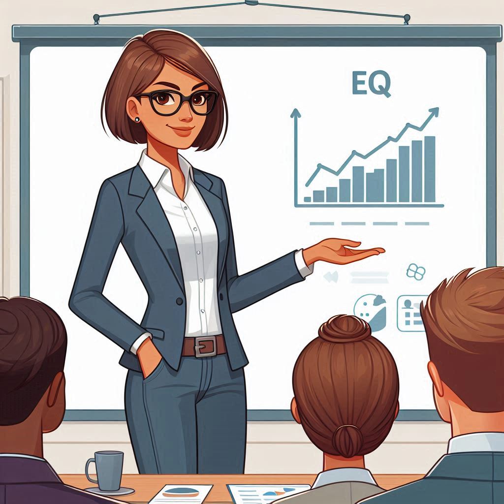 female office character with short hair, caramel skin, wearing glasses, standing and presentin...jpg